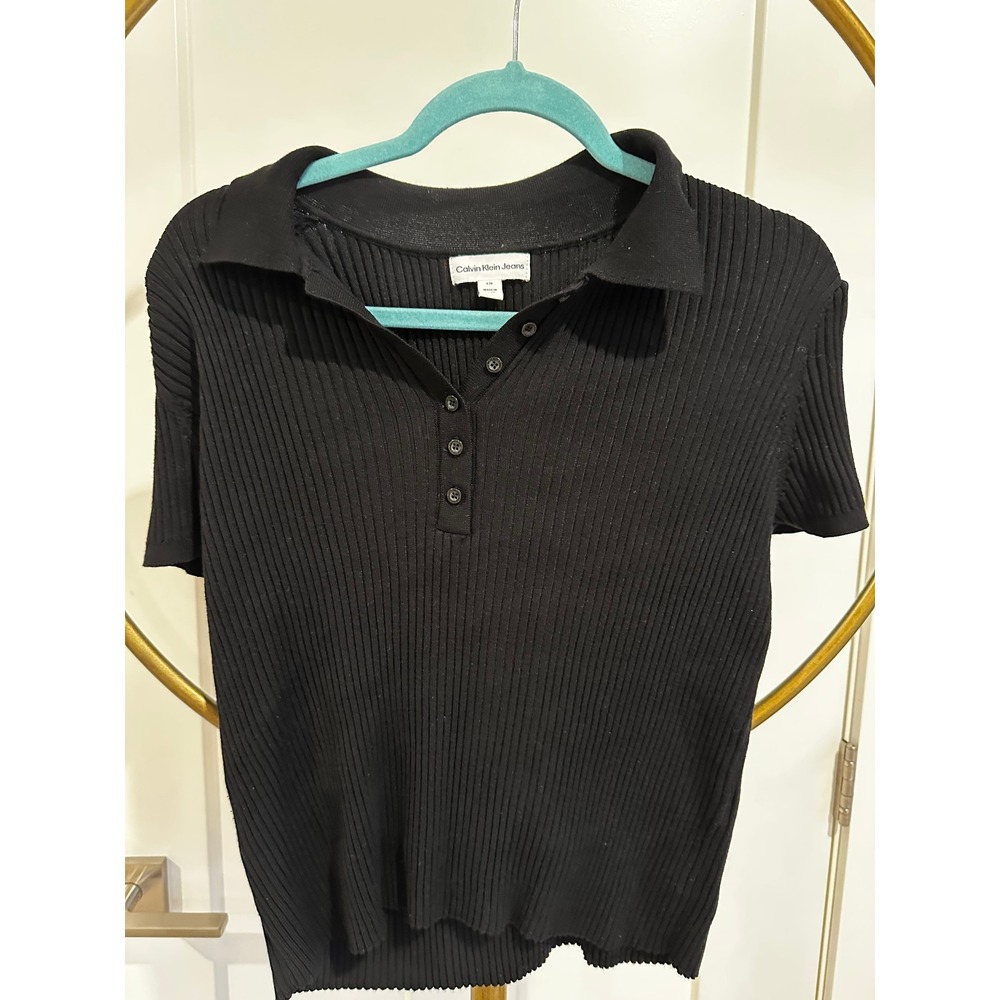 Calvin Klein Jeans Womens Black Ribbed Knit Polo Shirt Short Sleeve Size Large